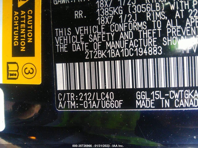 2013 LEXUS RX 350 VIN: 2T2BK1BA1DC194883