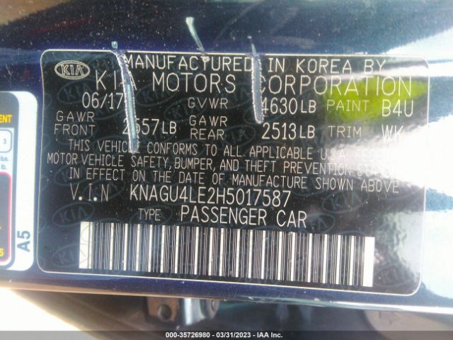 KNAGU4LE2H5017587 KIA Optima Hybrid Ex