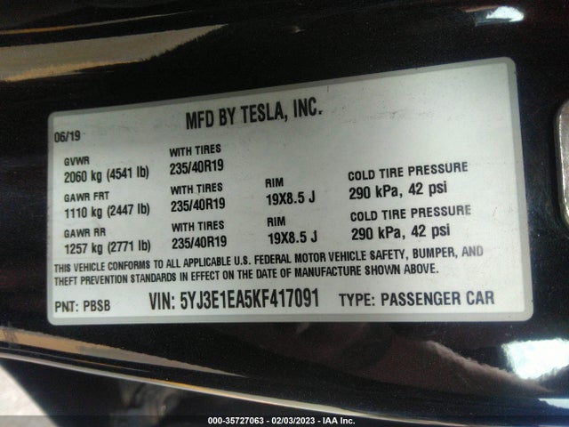 Tesla Model 3 Range 2019 5YJ3E1EA5KF417091 Image 9