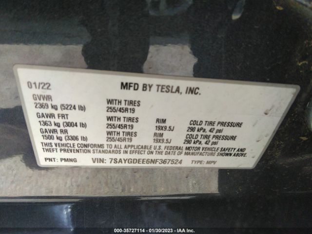 7SAYGDEE6NF367524 Tesla Model Y