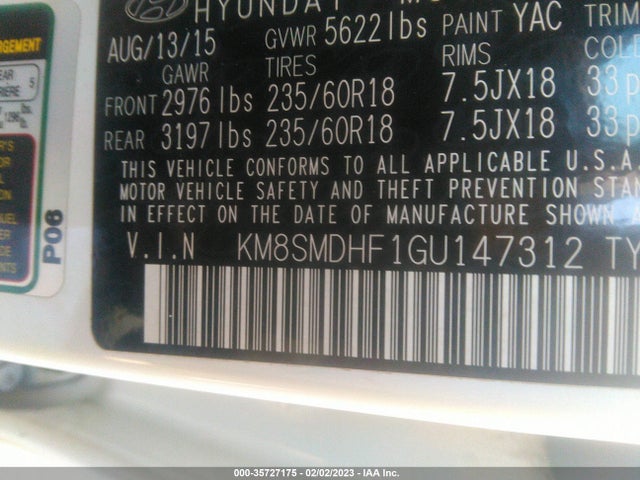 2016 HYUNDAI SANTA FE SE VIN: KM8SMDHF1GU147312