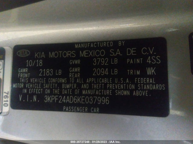 2019 Kia Forte, VIN: 3KPF24AD6KE037996