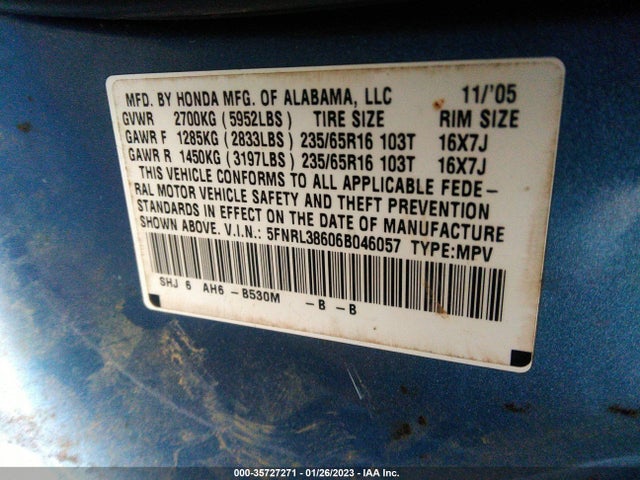2006 HONDA ODYSSEY EX-L VIN: 5FNRL38606B046057