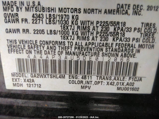 4A4AP3AU5DE012066 Mitsubishi Outlander Sport Es