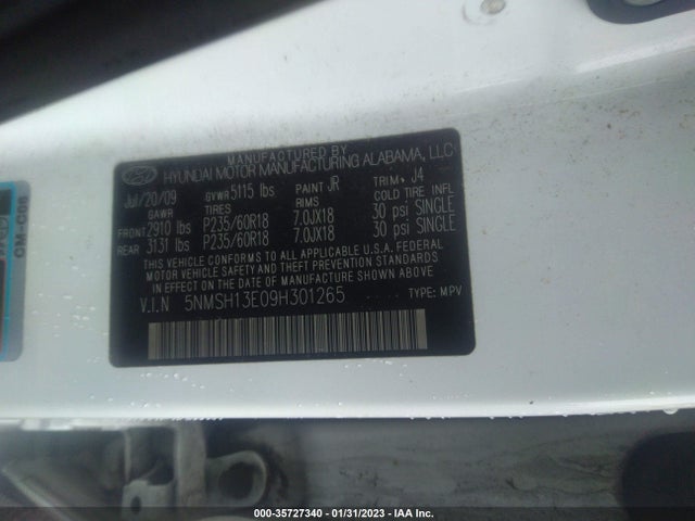 2009 HYUNDAI SANTA FE SE VIN: 5NMSH13E09H301265