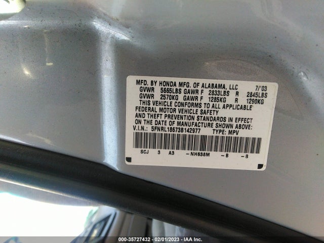 2003 HONDA ODYSSEY EX VIN: 5FNRL18673B142977
