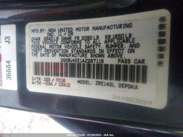 2010 TOYOTA COROLLA VIN: 1NXBU4EE1AZ287119