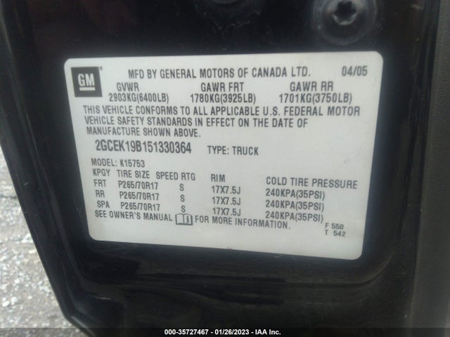 2005 CHEVROLET SILVERADO 1500 Z71 VIN: 2GCEK19B151330364