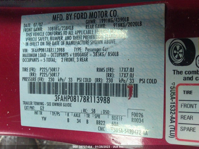 2008 FORD FUSION SEL VIN: 3FAHP08178R113988
