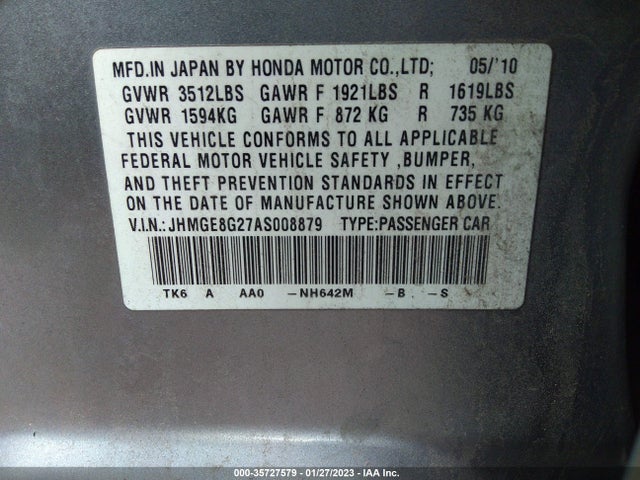 2010 HONDA FIT VIN: JHMGE8G27AS008879