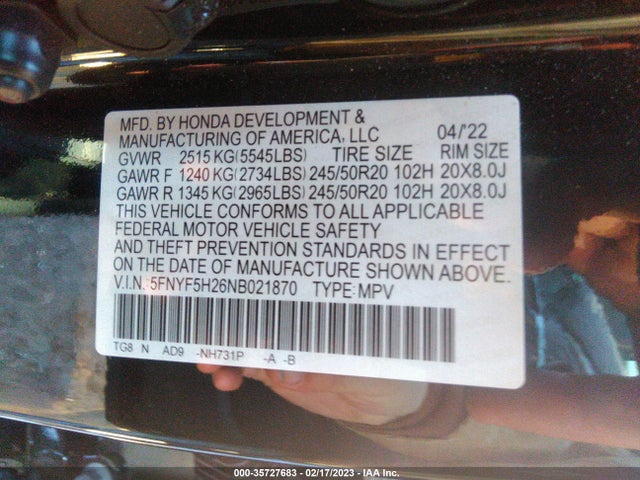 2022 Honda Pilot, VIN: 5FNYF5H26NB021870