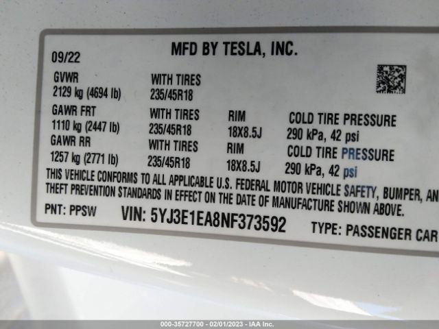 5YJ3E1EA8NF373592 Tesla MODEL 3