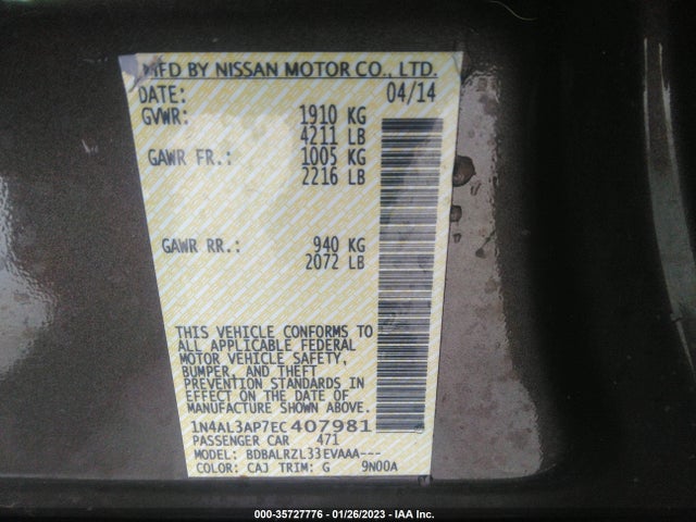 2014 NISSAN ALTIMA 2.5 VIN: 1N4AL3AP7EC407981