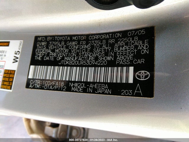 2005 TOYOTA PRIUS VIN: JTDKB20UX53094220