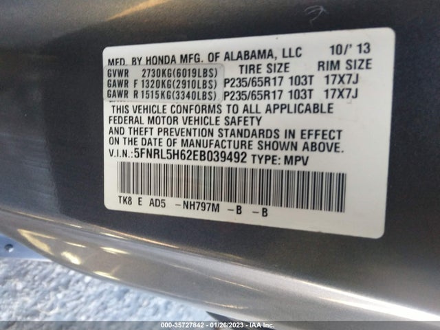 2014 HONDA ODYSSEY EX-L VIN: 5FNRL5H62EB039492