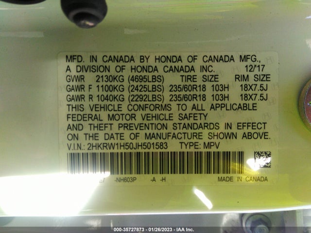 2018 Honda CR-V, VIN: 2HKRW1H50JH501583