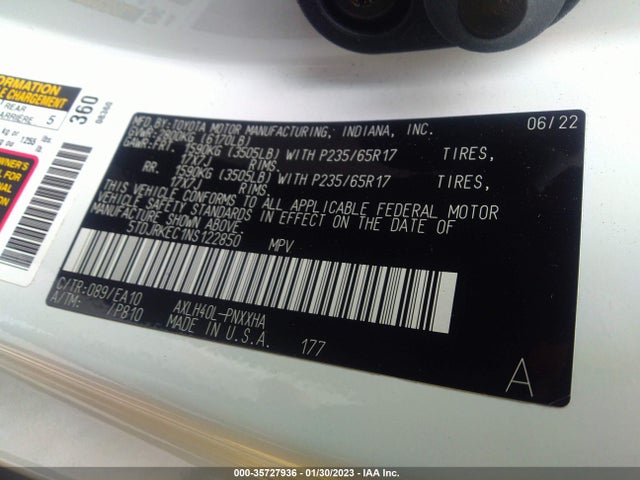 2022 TOYOTA SIENNA XLE VIN: 5TDJRKEC1NS122850