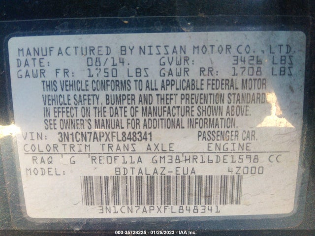 2015 Nissan Versa, VIN: 3N1CN7APXFL848341