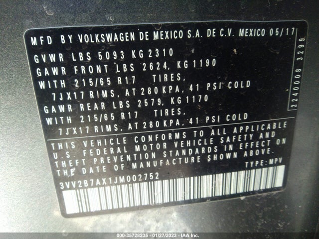 3VV2B7AX1JM002752 Volkswagen Tiguan Sel/se