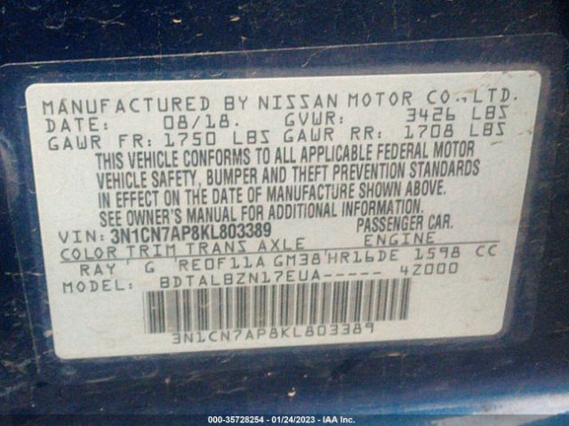 3N1CN7AP8KL803389 Nissan Versa Sedan Sv