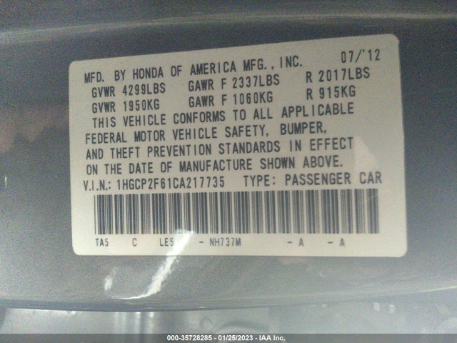 2012 HONDA ACCORD SDN SE VIN: 1HGCP2F61CA217735