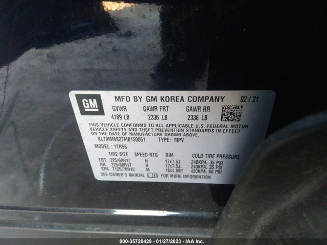 2021 Chevrolet Trailblazer, VIN: KL79MMS27MB150051