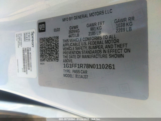 2022 CHEVROLET CAMARO LT1 VIN: 1G1FF1R78N0110261