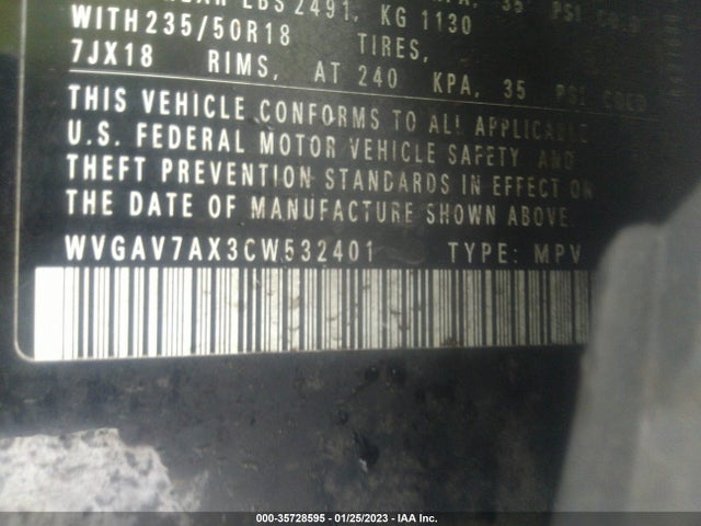 2012 VOLKSWAGEN TIGUAN SE VIN: WVGAV7AX3CW532401