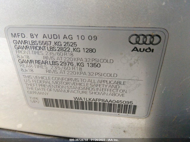 2010 AUDI Q5 PREMIUM PLUS VIN: WA1LKAFP8AA045095
