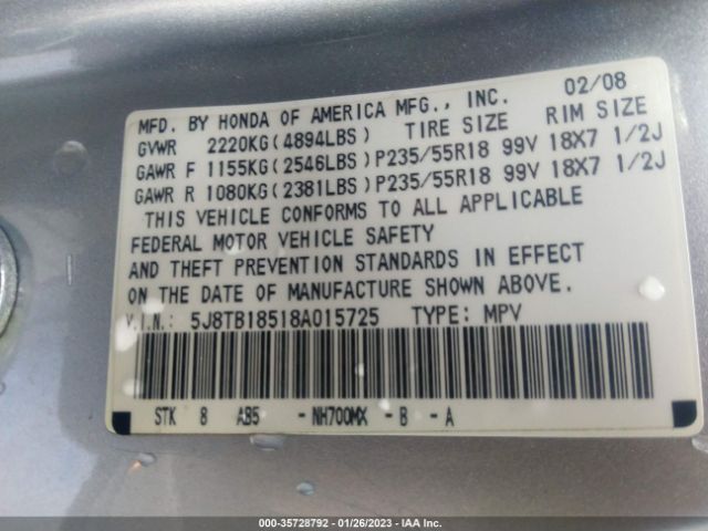 5J8TB18518A015725 Acura Rdx Tech Pkg