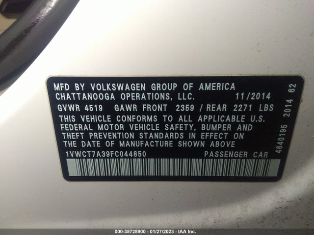 2015 VOLKSWAGEN PASSAT 1.8T SEL PREMIUM VIN: 1VWCT7A39FC044850