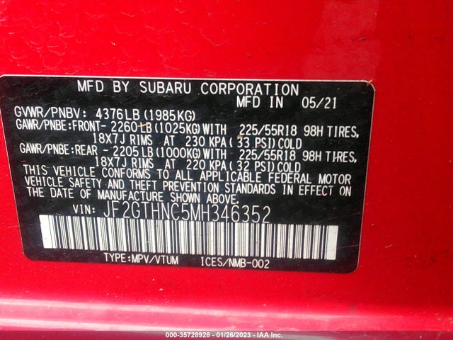 2021 SUBARU CROSSTREK LIMITED VIN: JF2GTHNC5MH346352