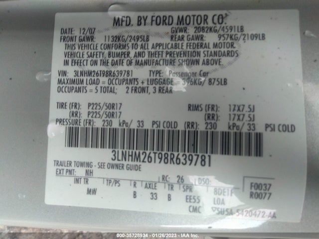 Lincoln MKZ 2008 3LNHM26T98R639781 Image 10