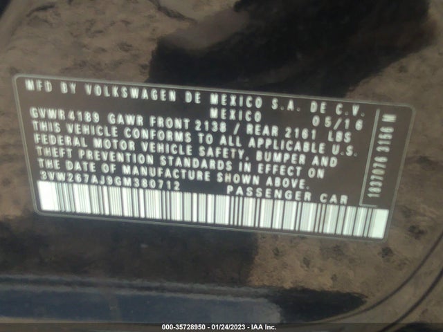 2016 Volkswagen Jetta, VIN: 3VW267AJ9GM380712