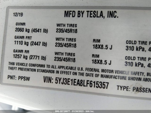 Tesla Model 3 Standard Range 2020 5YJ3E1EA8LF615357 Image 10