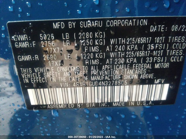2022 Subaru Outback, VIN: 4S4BTGUD4N3278505