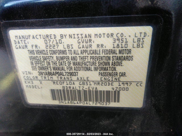 2010 NISSAN SENTRA 2.0 SR VIN: 3N1AB6AP0AL729037