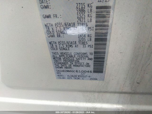 5N1AR2MN4GC610046 Nissan Pathfinder S/sv/sl/platinum