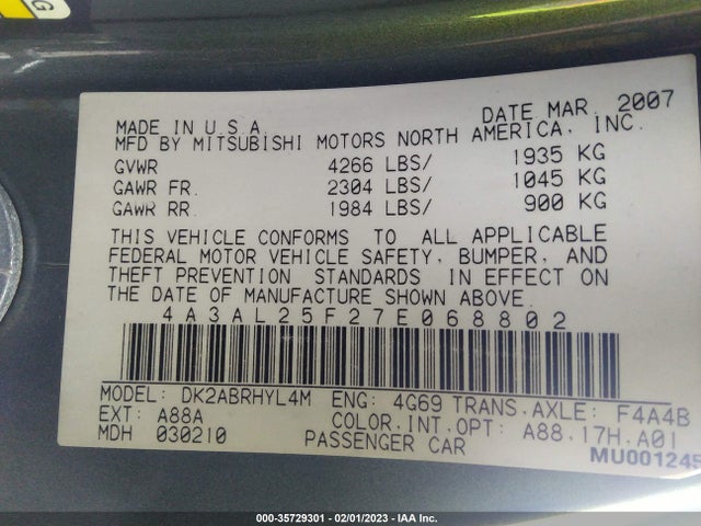 4A3AL25F27E068802 Mitsubishi ECLIPSE GS