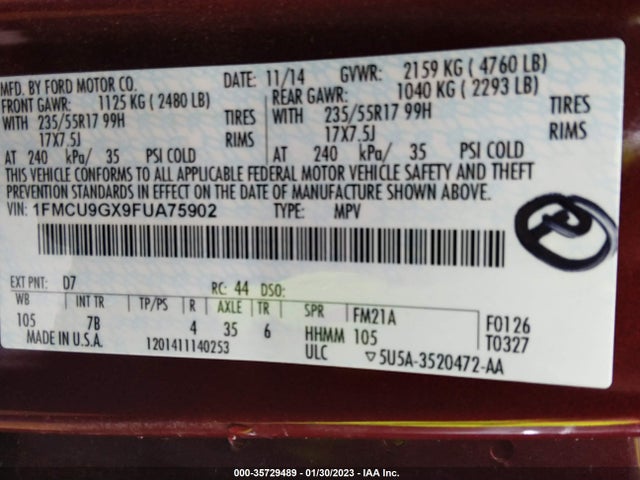2015 Ford Escape, VIN: 1FMCU9GX9FUA75902
