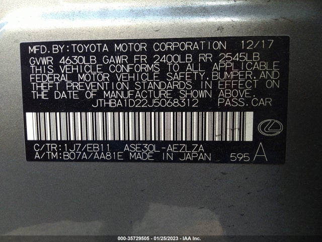 2018 Lexus IS, VIN: JTHBA1D22J5068312