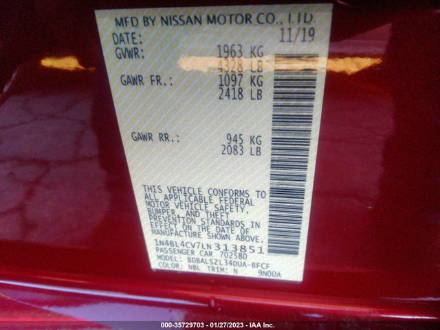 2020 NISSAN ALTIMA 2.5 SR VIN: 1N4BL4CV7LN313851