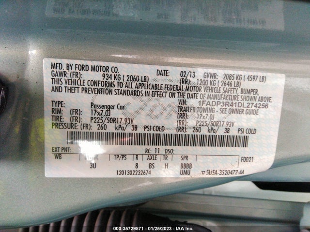2013 FORD FOCUS ELECTRIC VIN: 1FADP3R41DL274256