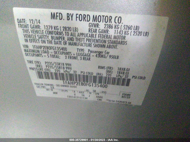 1FAHP2E80FG135400 Ford TAURUS SEL