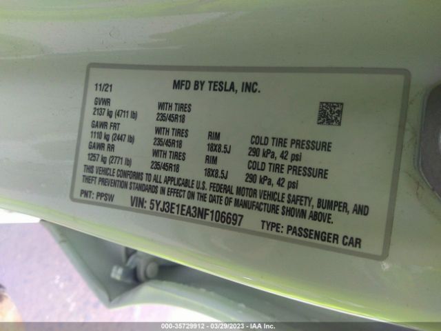 5YJ3E1EA3NF106697 Tesla MODEL 3