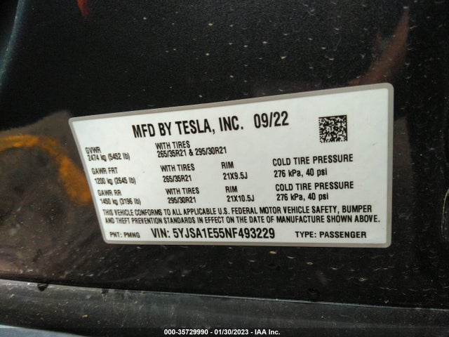 2022 Tesla Model S, VIN: 5YJSA1E55NF493229