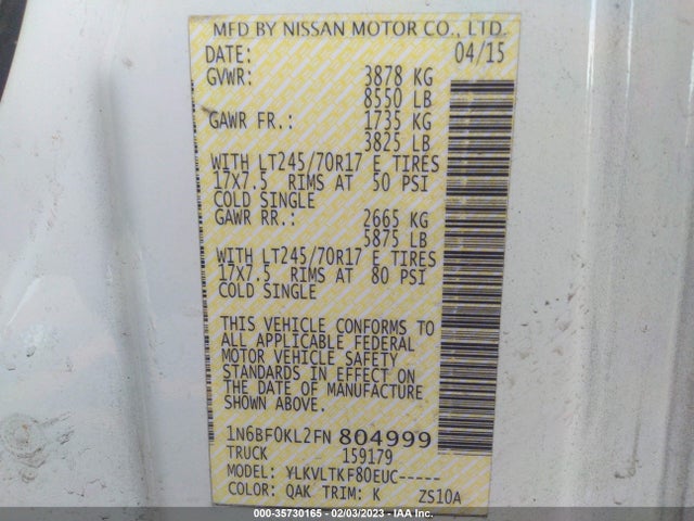 2015 Nissan NV, VIN: 1N6BF0KL2FN804999