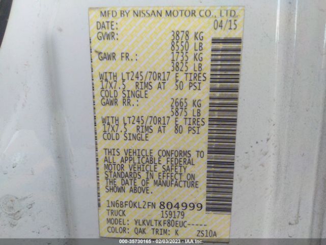 1N6BF0KL2FN804999 Nissan Nv Sv