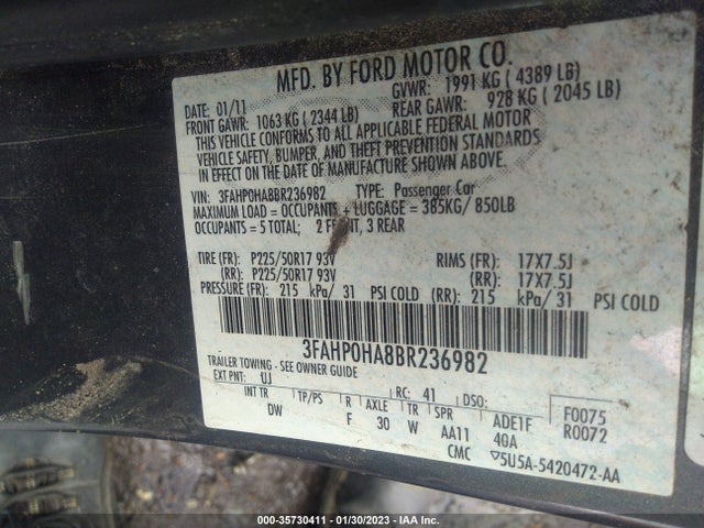 2011 FORD FUSION SE VIN: 3FAHP0HA8BR236982