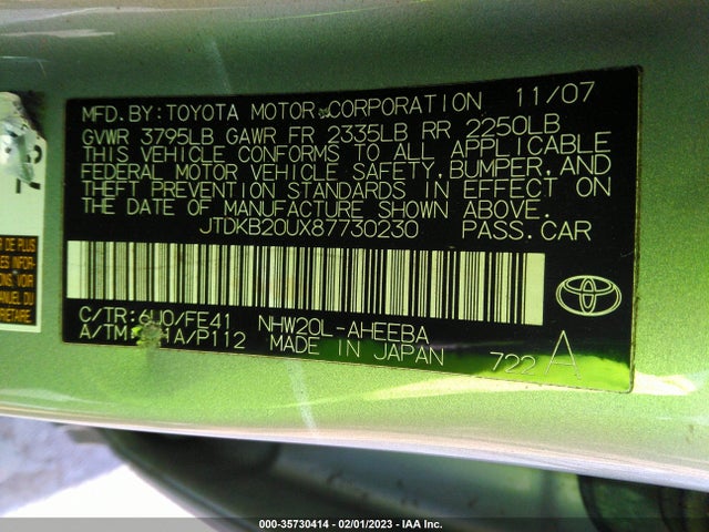 2008 TOYOTA PRIUS VIN: JTDKB20UX87730230